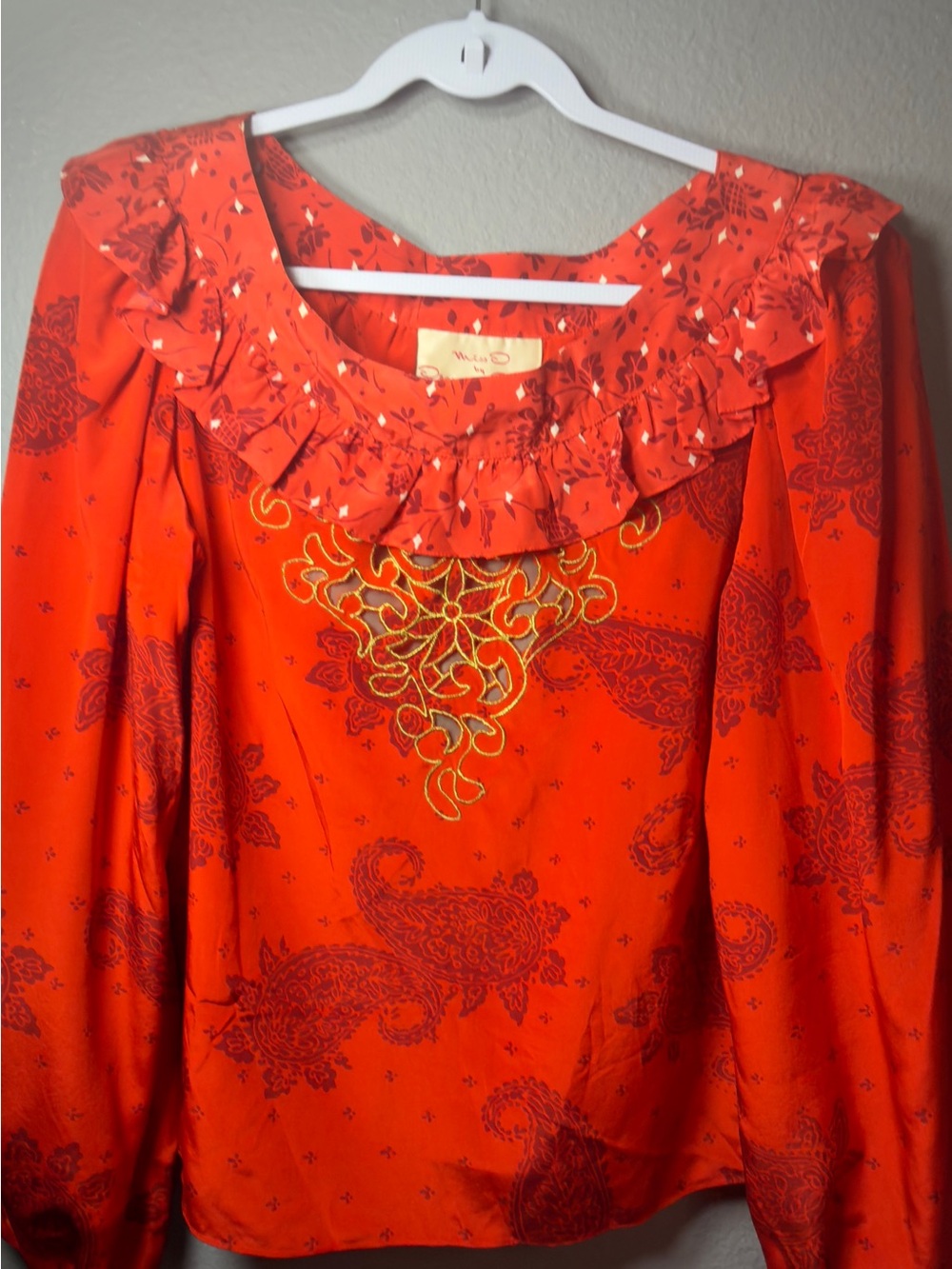 Oscar de la Renta Coral-Red Ruffled Neck Blouse with Gold Embroidery